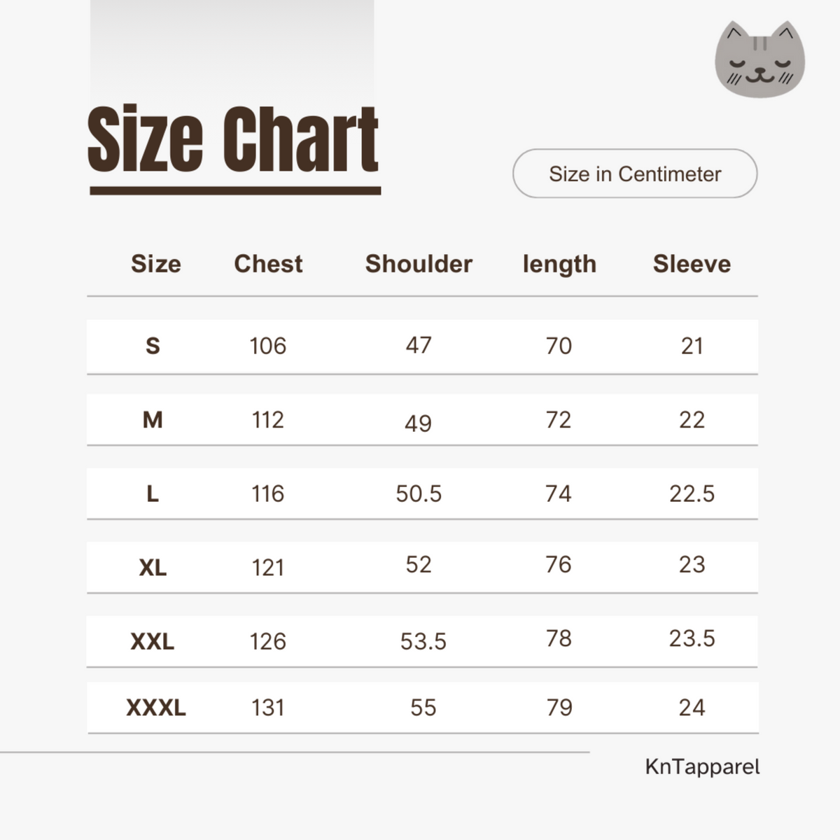 KnT Shirt size chart