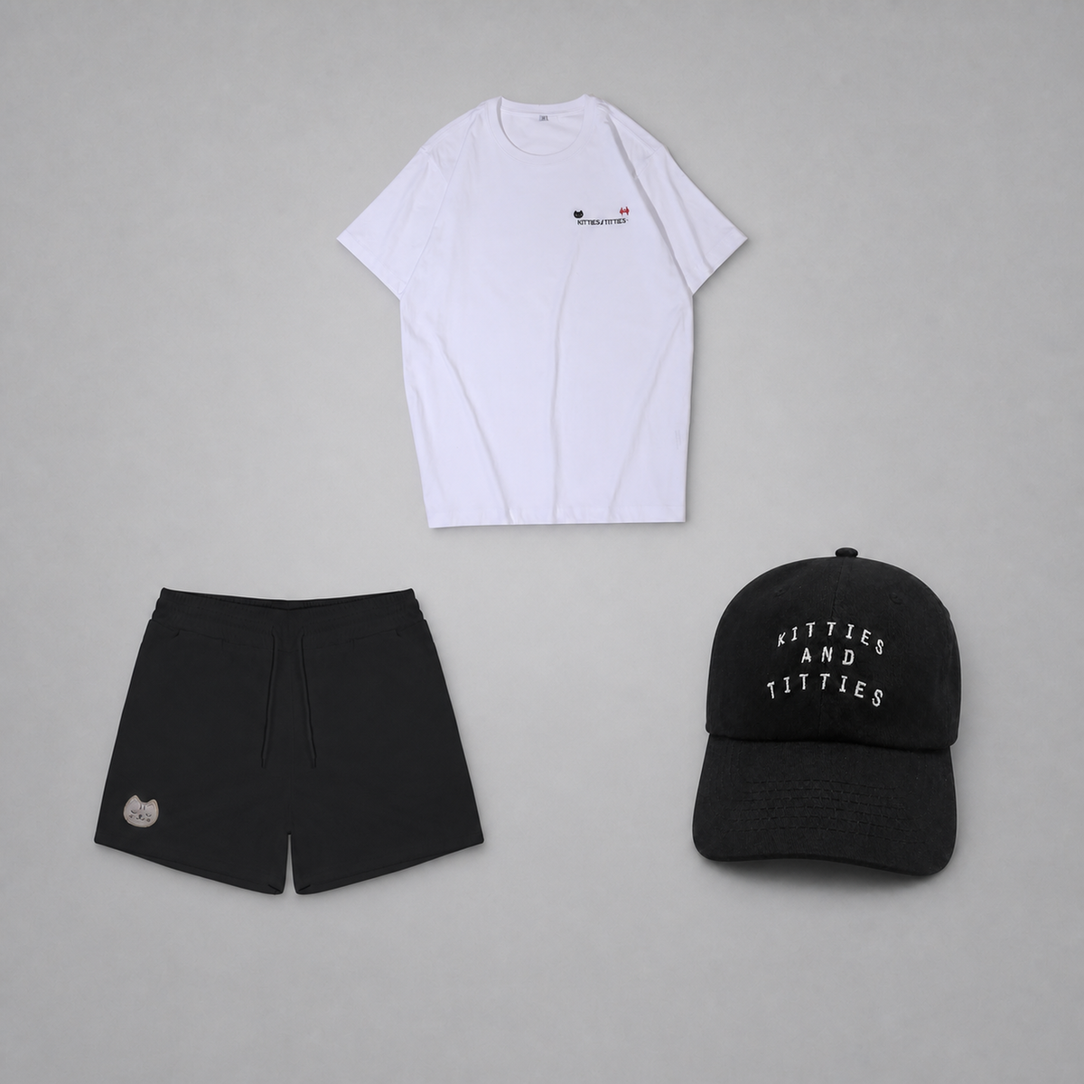 KnT Cap, shirt, and shorts set on neutral studio gray background