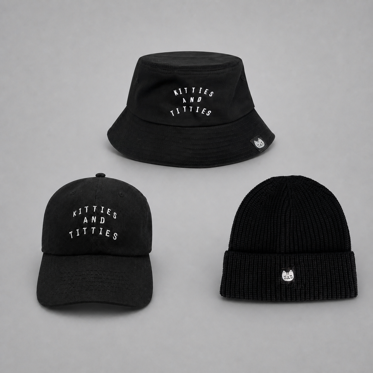 KnT headwear set on neutral studio gray background