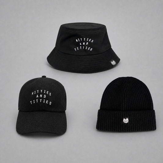 KnT headwear set on neutral studio gray background