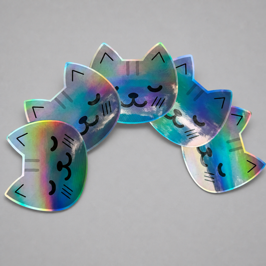 KnT holographic kitty sticker set on neutral studio gray background